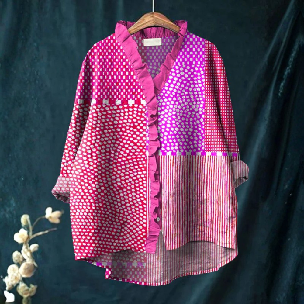 Vivid Patchwork Blouse Ruffle Neck