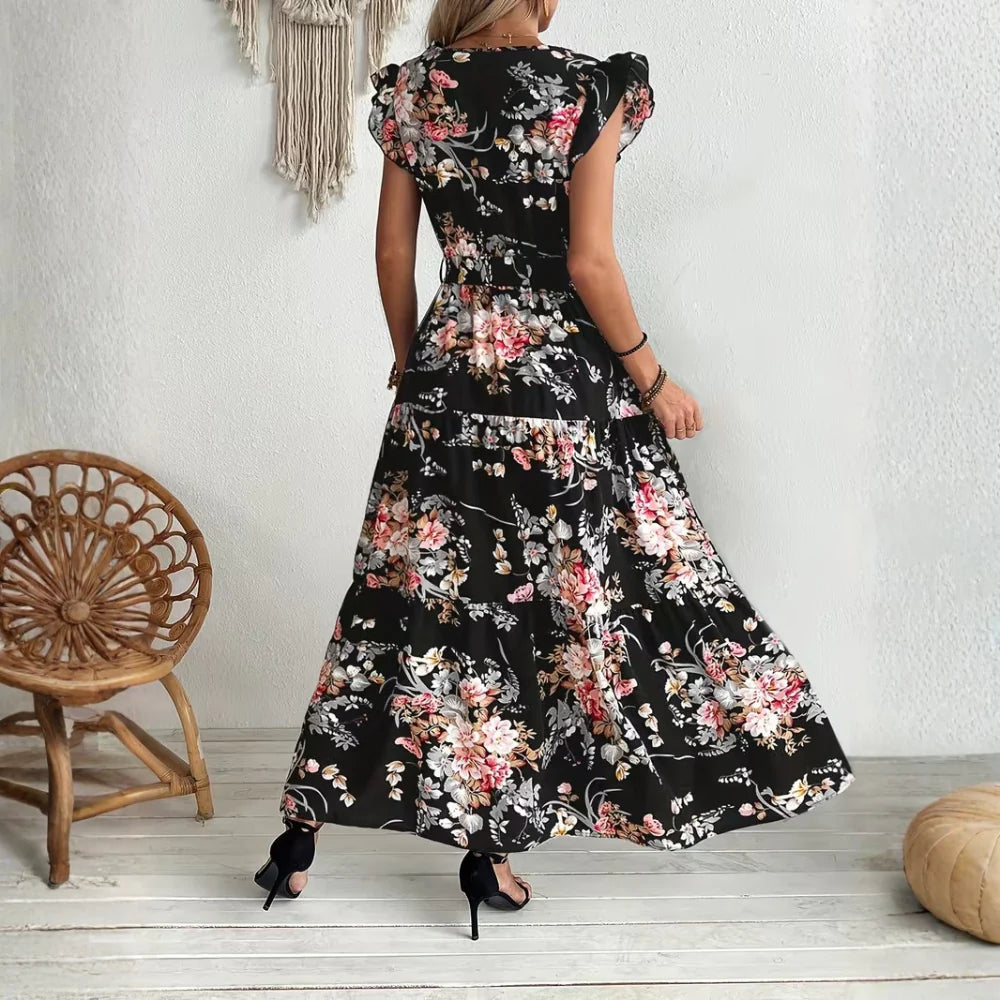 Belted Floral Print Swing Maxi Dress Elegant