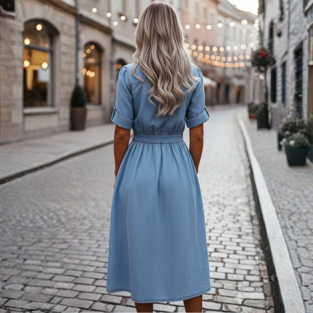Structured Denim Midi Dress Belted