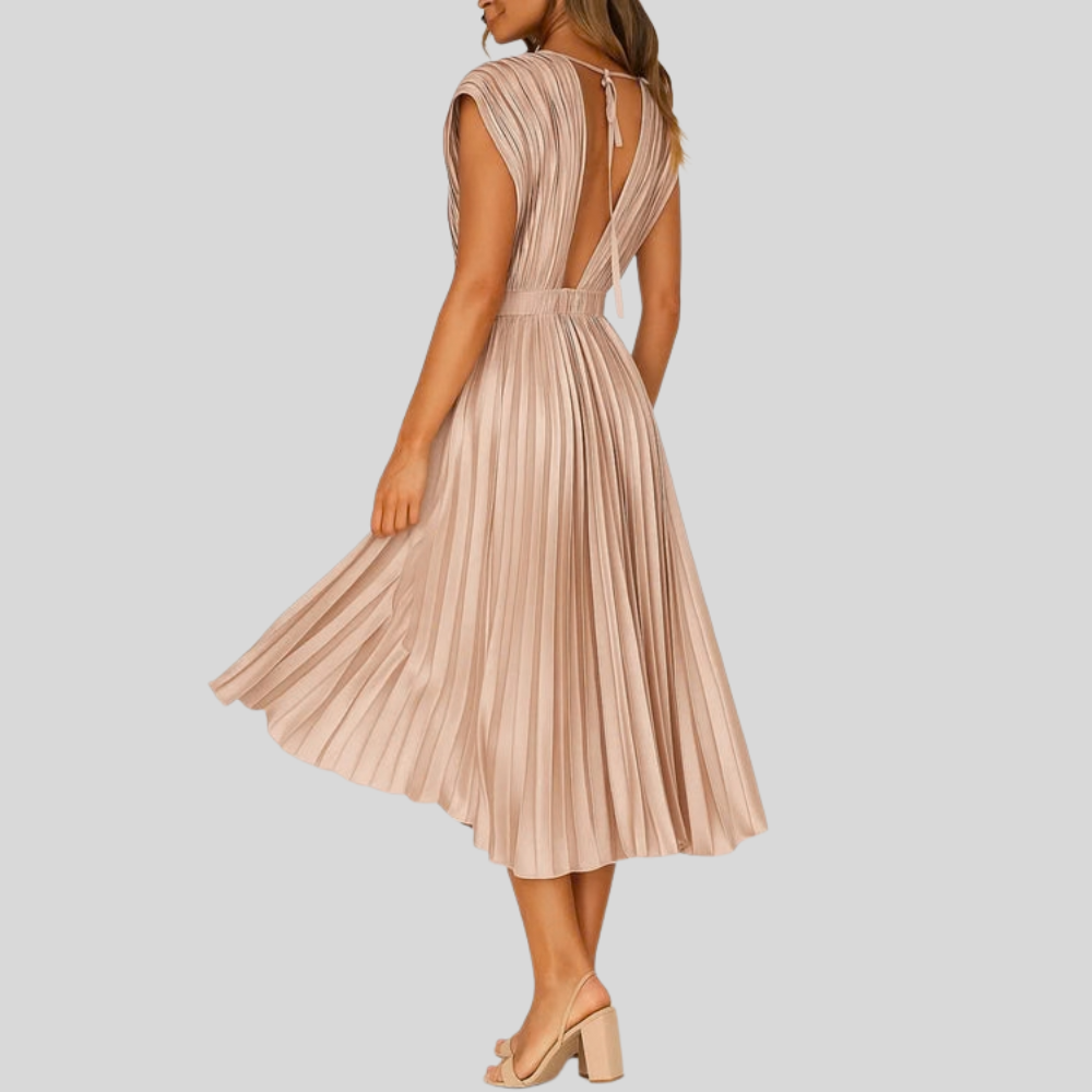 Pleated V Neck Midi Dress