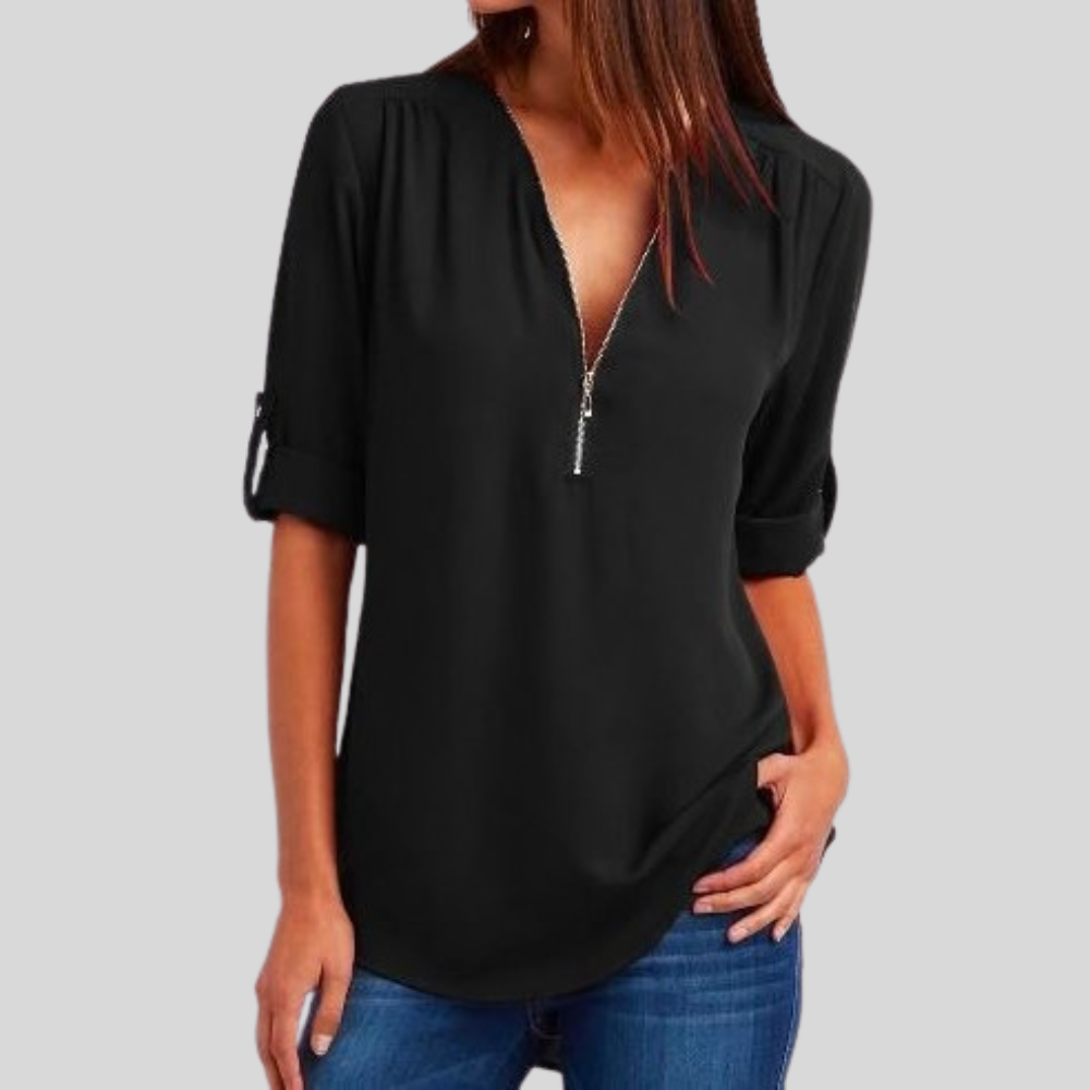 Sleek Zipper V Neck Top