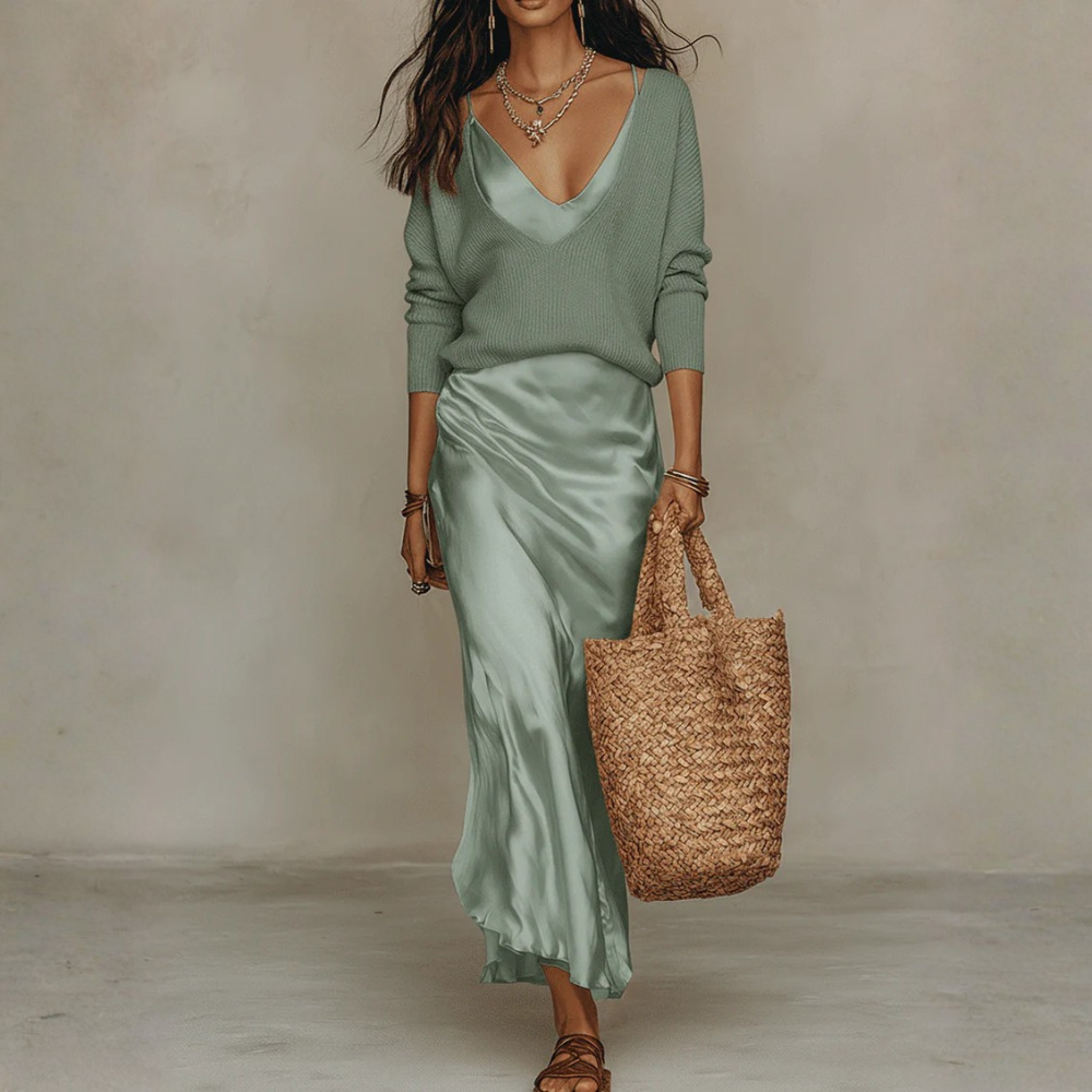 Cozy Knit Satin Midi Skirt