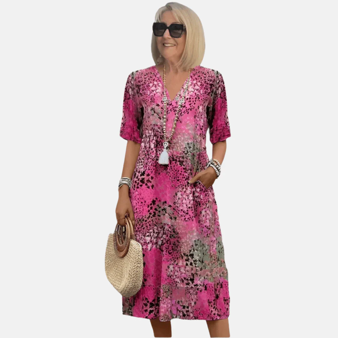 Lightweight A-Line Summer Dress with V-Neck and Retro Print 4