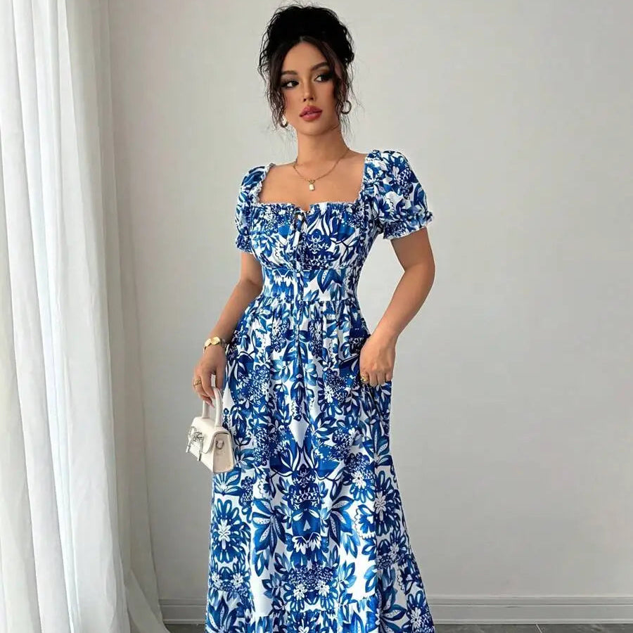 Elegant Floral Bubble Sleeve Dress