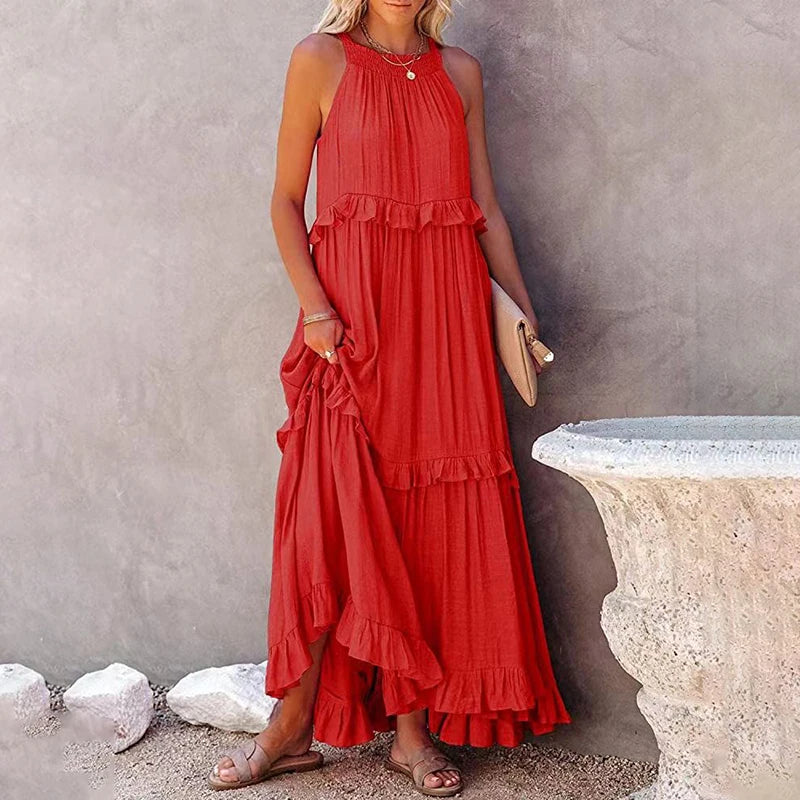Elegant Ruffle Accent Maxi Dress with Timeless Appeal