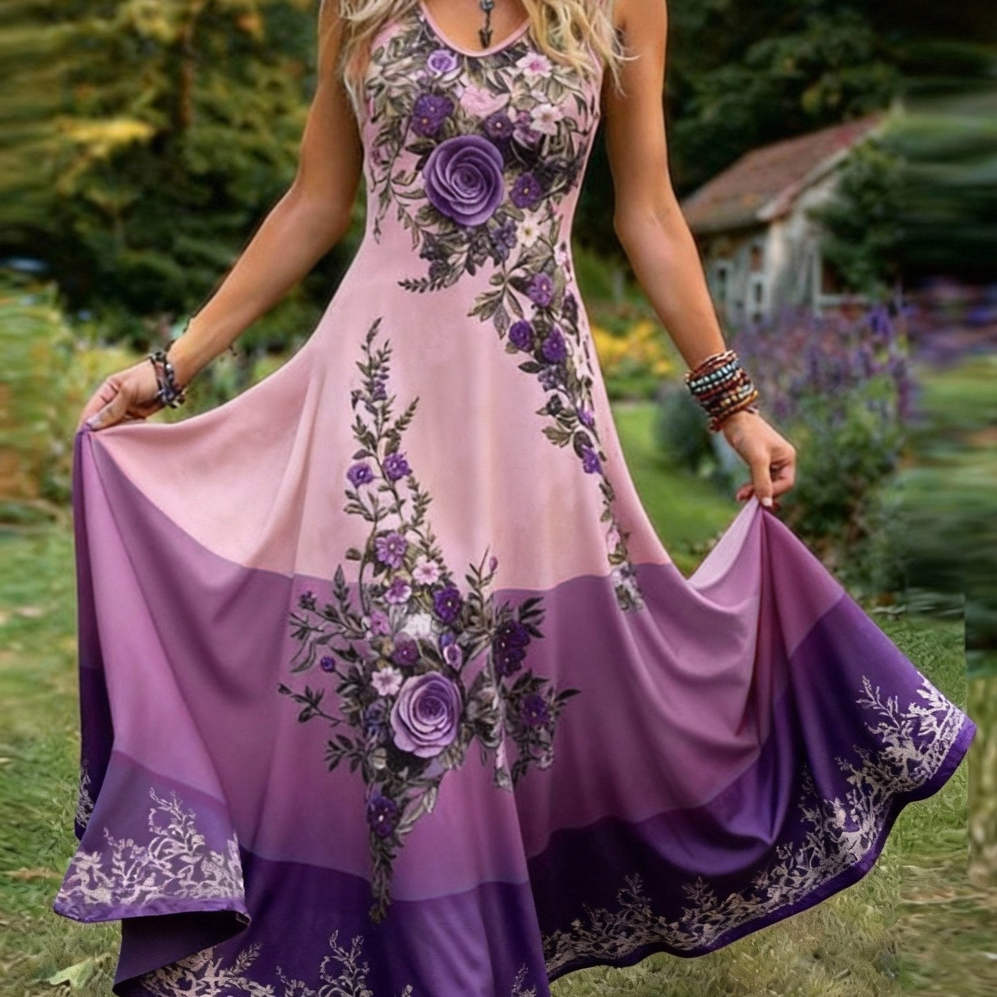 Retro Floral V Neck Maxi Dress