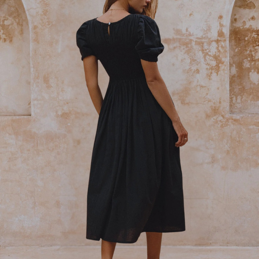 Linen Midi Dress Puff Sleeves
