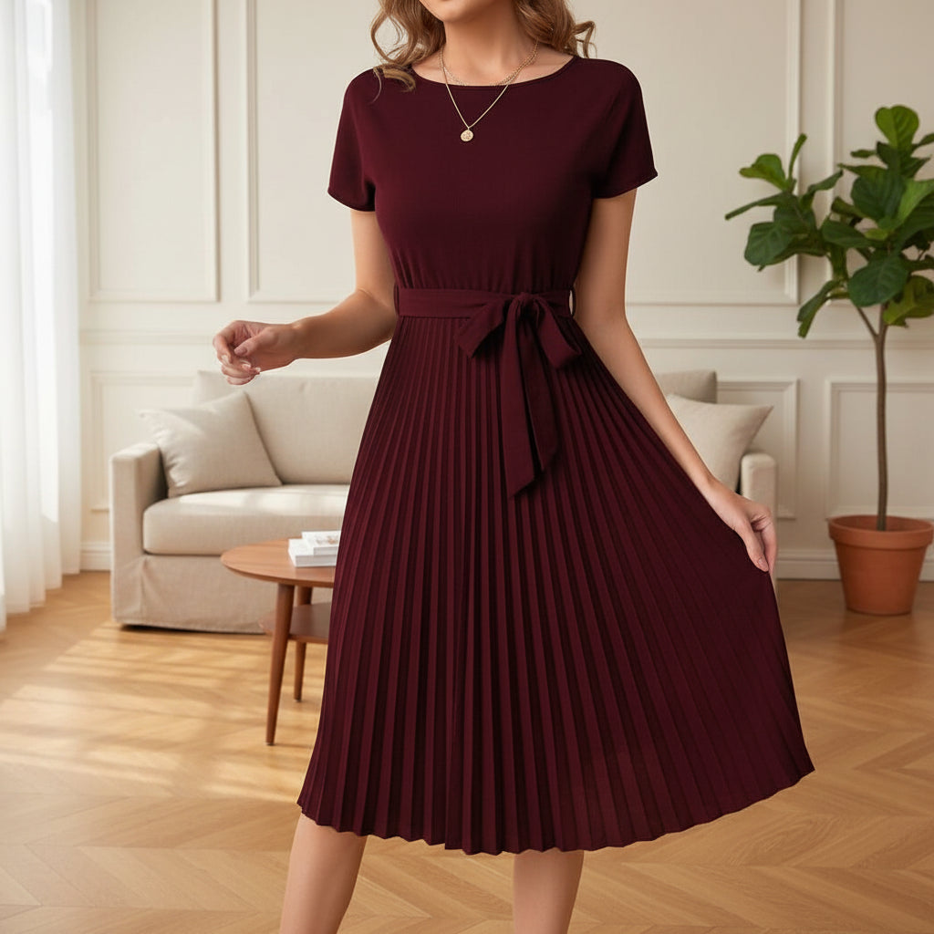 Elegant Women’s Pleated Midi Dresses with Pleated Hem