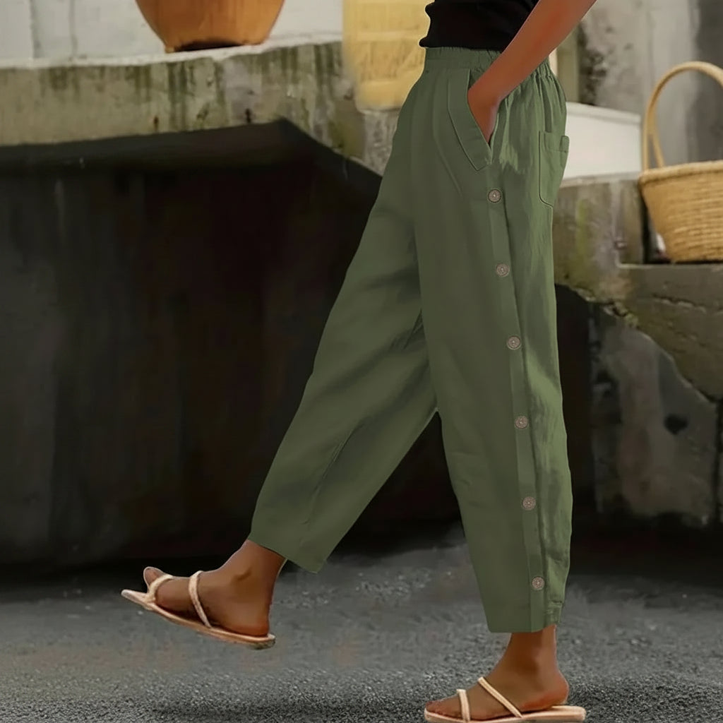 Button Detail Cropped Summer Pants