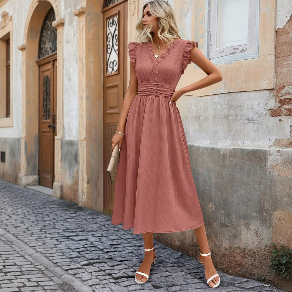 Elegant Women’s Pleated Midi Dresses with Ruched Waist