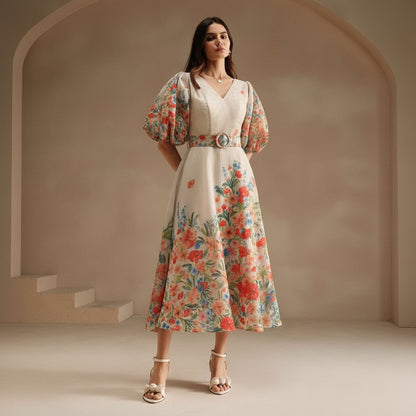 Puff Sleeve Fitted Keyhole Maxi Dresses