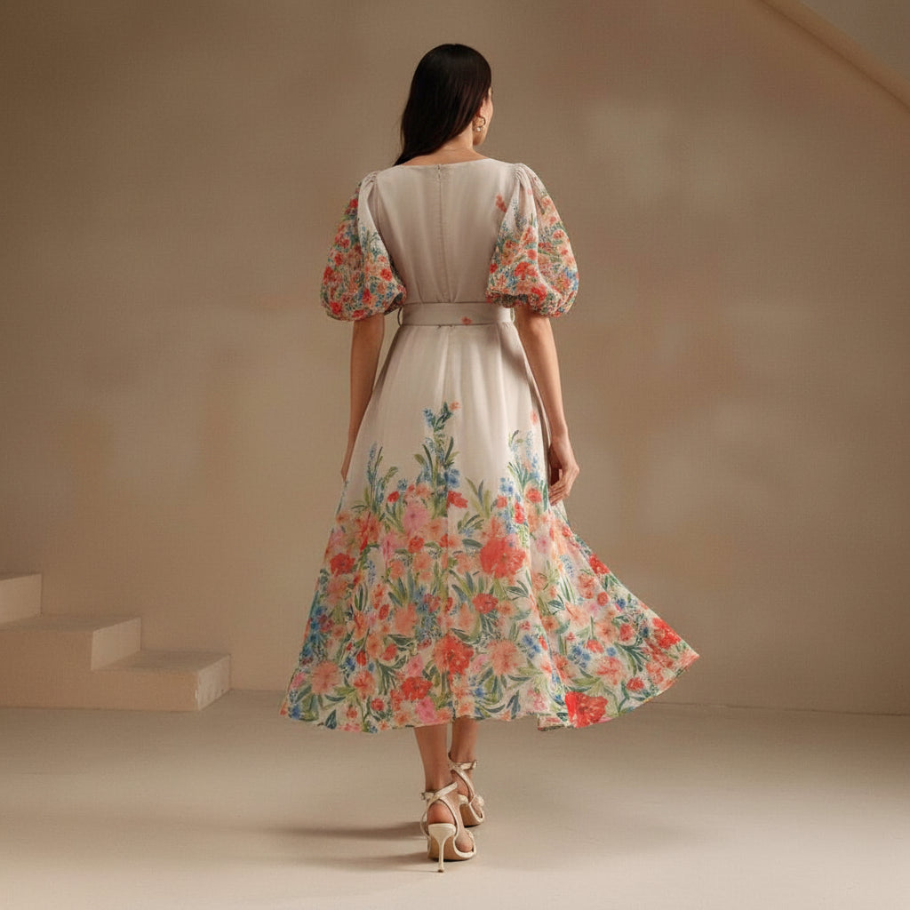 Puff Sleeve Fitted Keyhole Maxi Dresses
