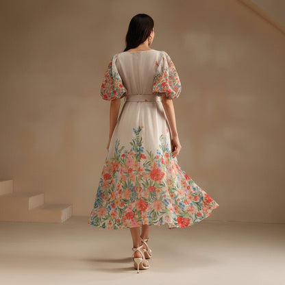 Puff Sleeve Fitted Keyhole Maxi Dresses