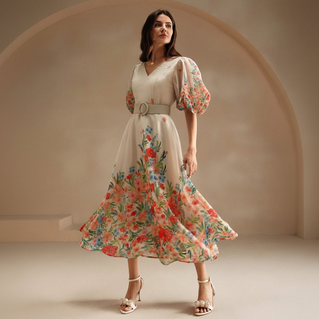 Puff Sleeve Fitted Keyhole Maxi Dresses