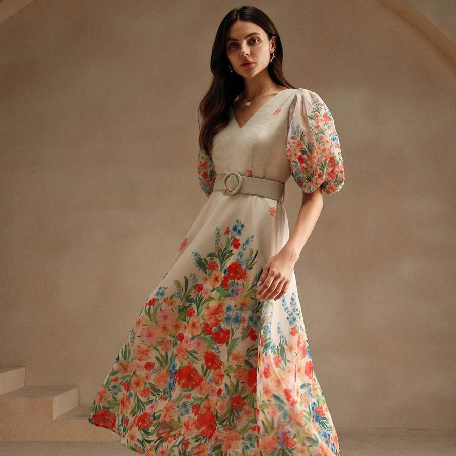 Puff Sleeve Fitted Keyhole Maxi Dresses
