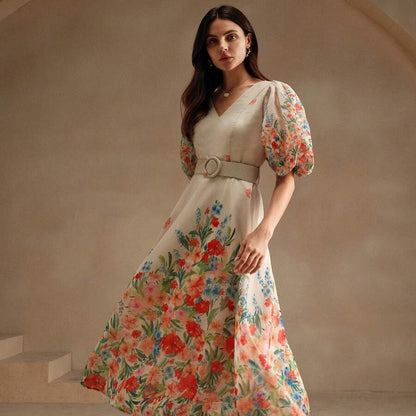 Puff Sleeve Fitted Keyhole Maxi Dresses