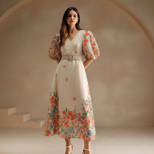 Puff Sleeve Fitted Keyhole Maxi Dresses