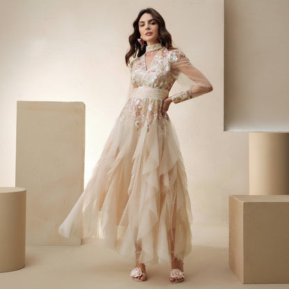 Patchwork Mesh Keyhole Maxi Dresses