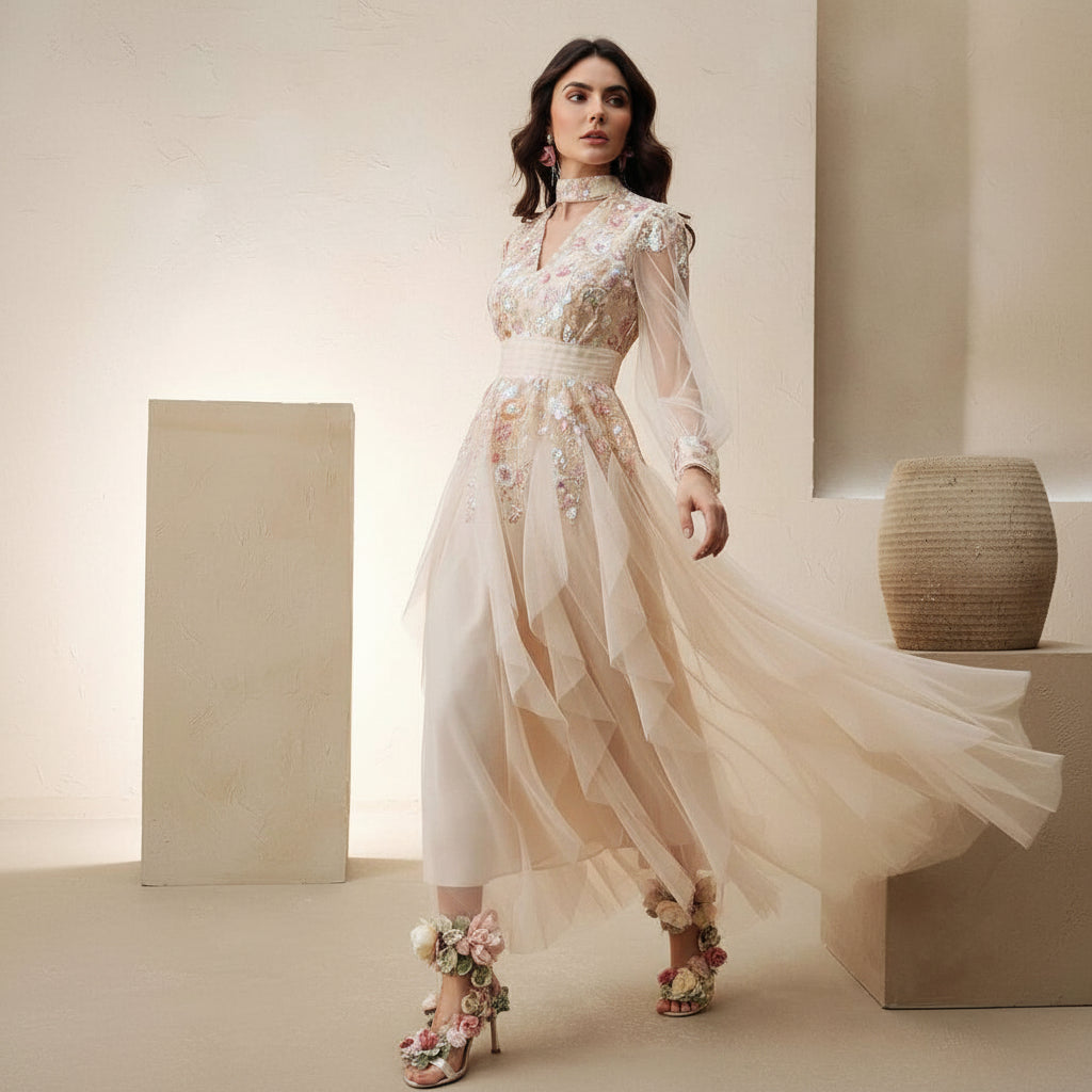 Patchwork Mesh Keyhole Maxi Dresses