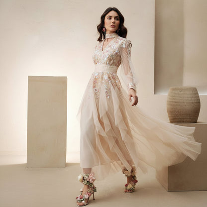 Patchwork Mesh Keyhole Maxi Dresses