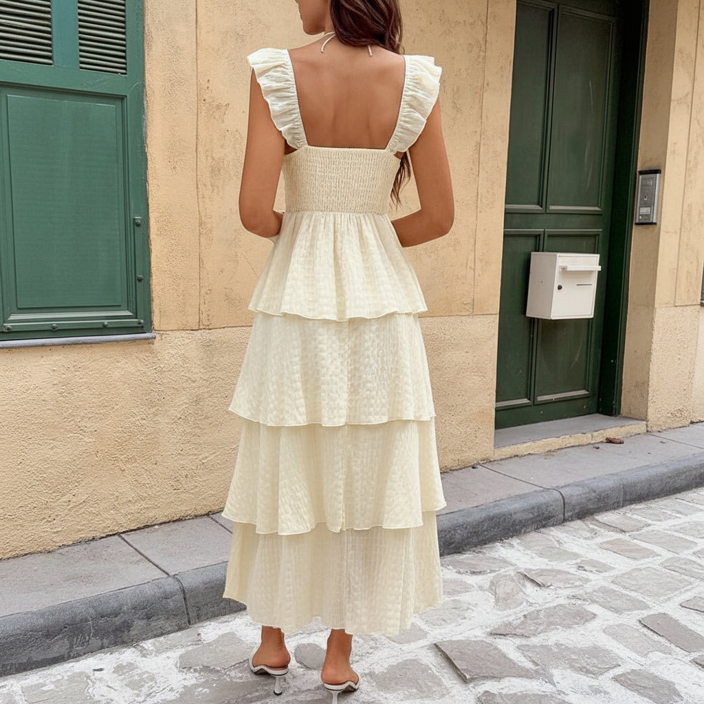 Vacation Pleated Square Neck Midi Dresses