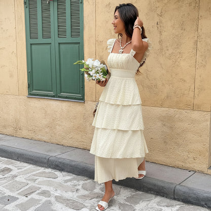 Vacation Pleated Square Neck Midi Dresses
