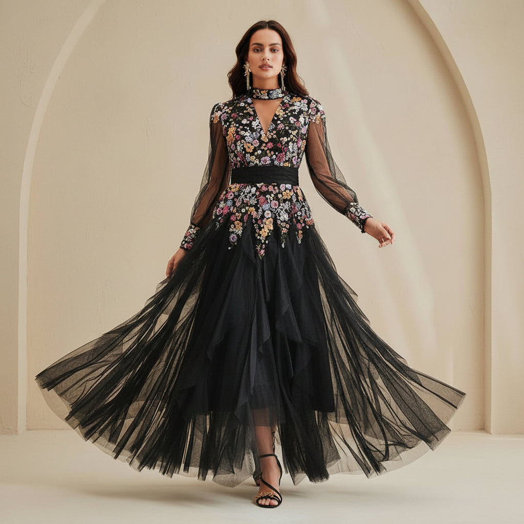Patchwork Mesh Keyhole Maxi Dresses
