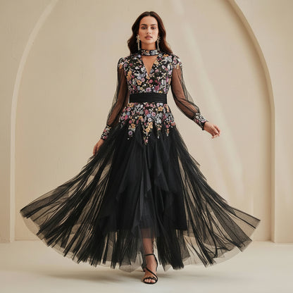 Patchwork Mesh Keyhole Maxi Dresses
