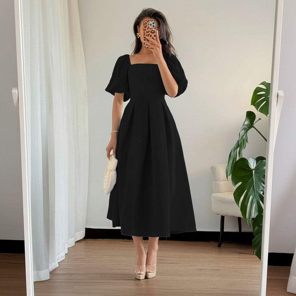 A Line Ruffle Hem Pleated Midi Dress