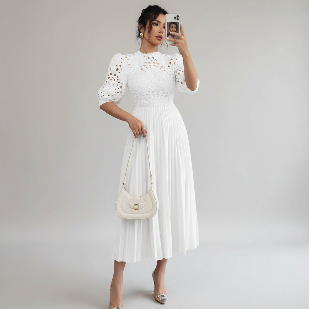 Pleated Square Neck Embroidered Dresses