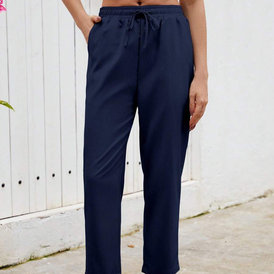 Elastic Waist Cropped Summer Pants with Drawstring
