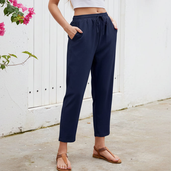 Elastic Waist Cropped Summer Pants with Drawstring