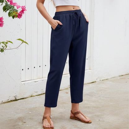 Elastic Waist Cropped Summer Pants with Drawstring