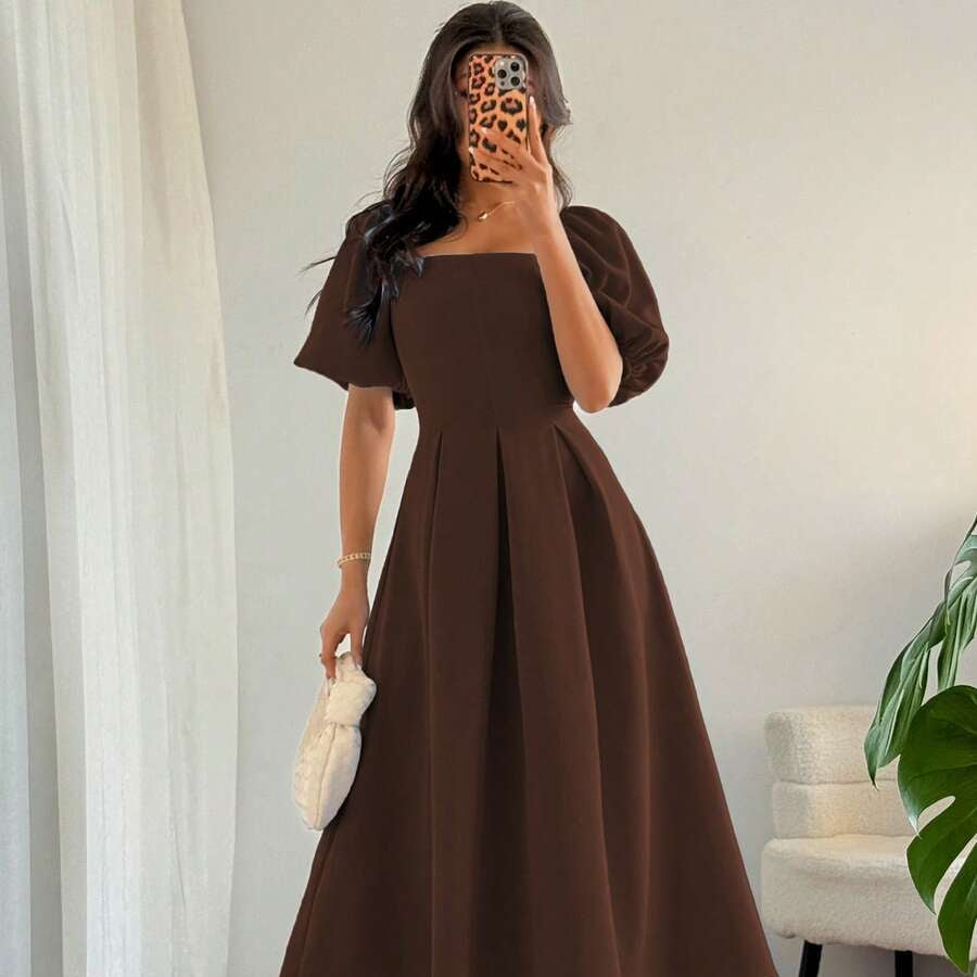 A Line Ruffle Hem Pleated Midi Dress