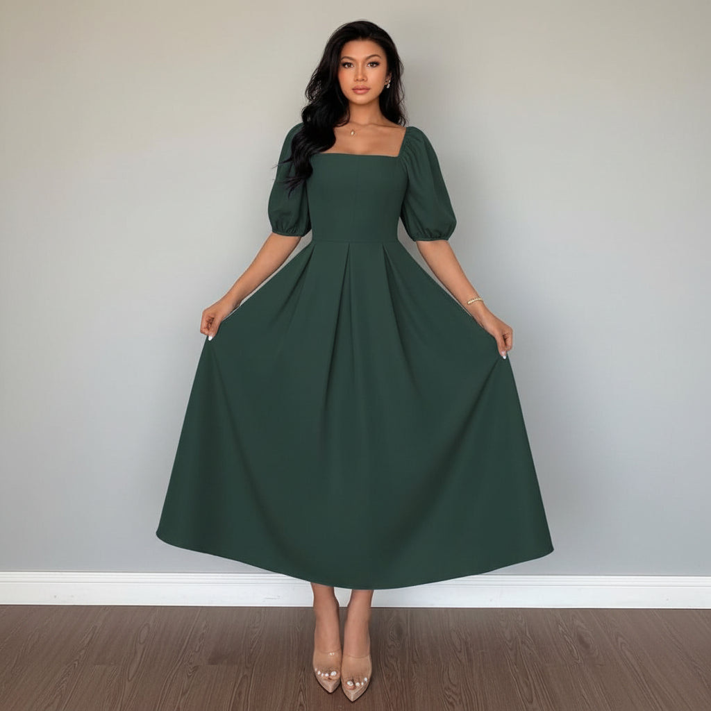 A Line Ruffle Hem Pleated Midi Dress