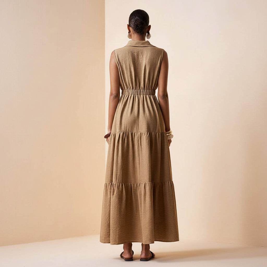 Elegant Button Pocket Pleated Midi Dress