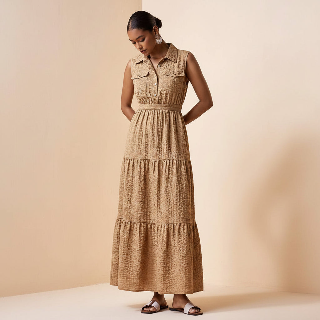 Elegant Button Pocket Pleated Midi Dress