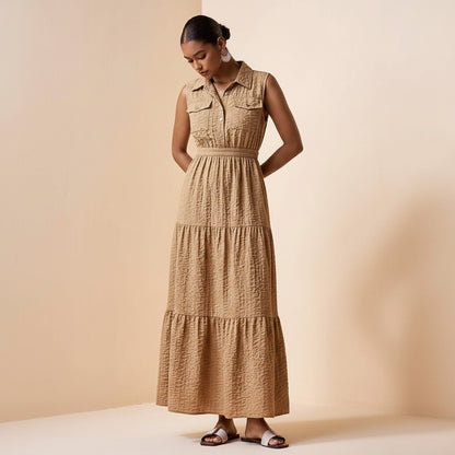 Elegant Button Pocket Pleated Midi Dress