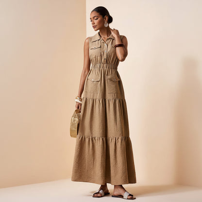 Elegant Button Pocket Pleated Midi Dress