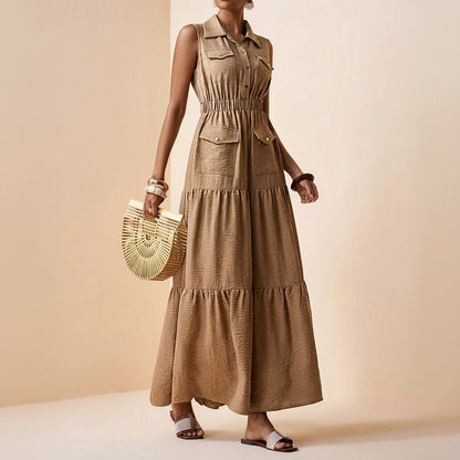 Elegant Button Pocket Pleated Midi Dress