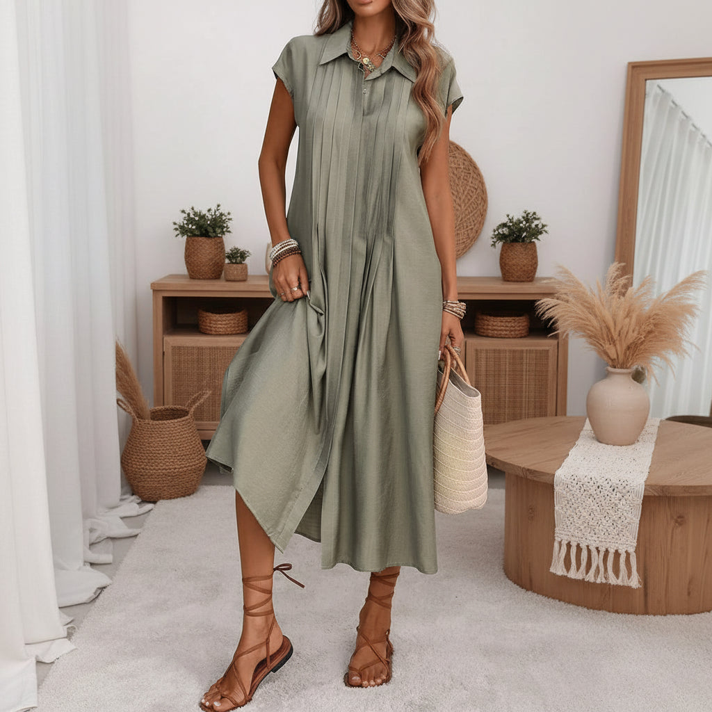 Elegant Button Down Pleated Midi Dress for Women