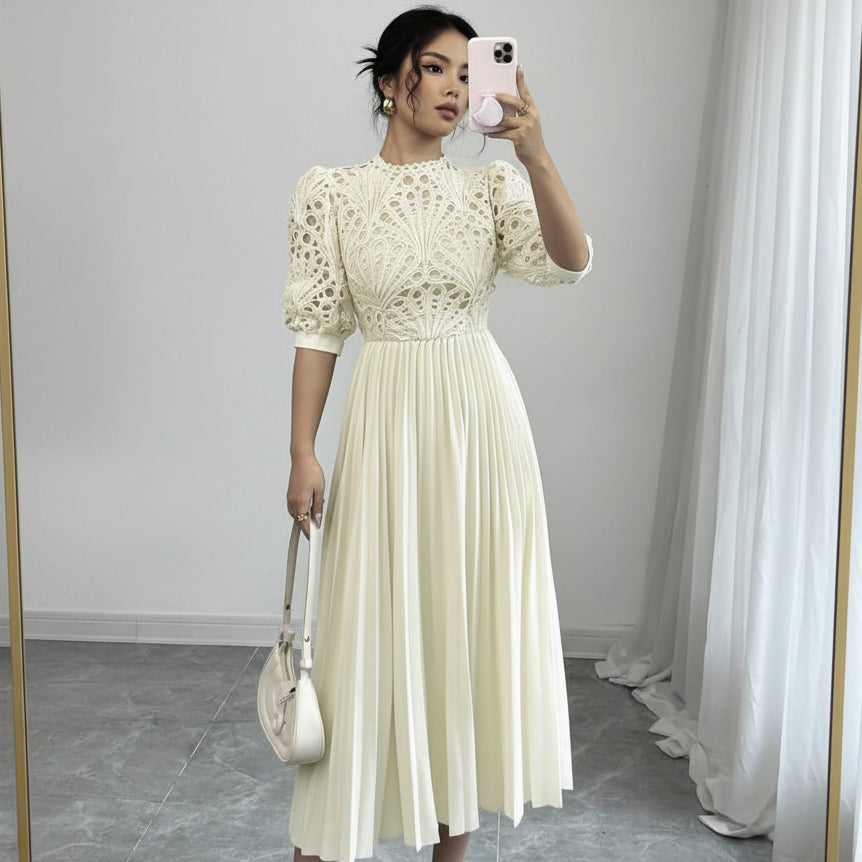 Pleated Square Neck Embroidered Dresses
