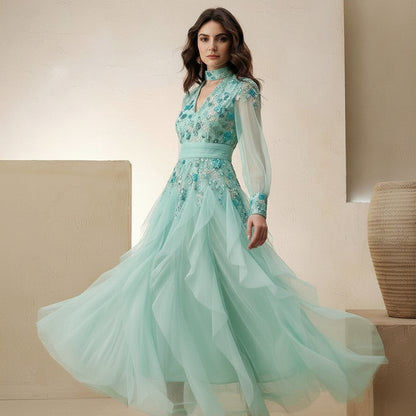 Patchwork Mesh Keyhole Maxi Dresses