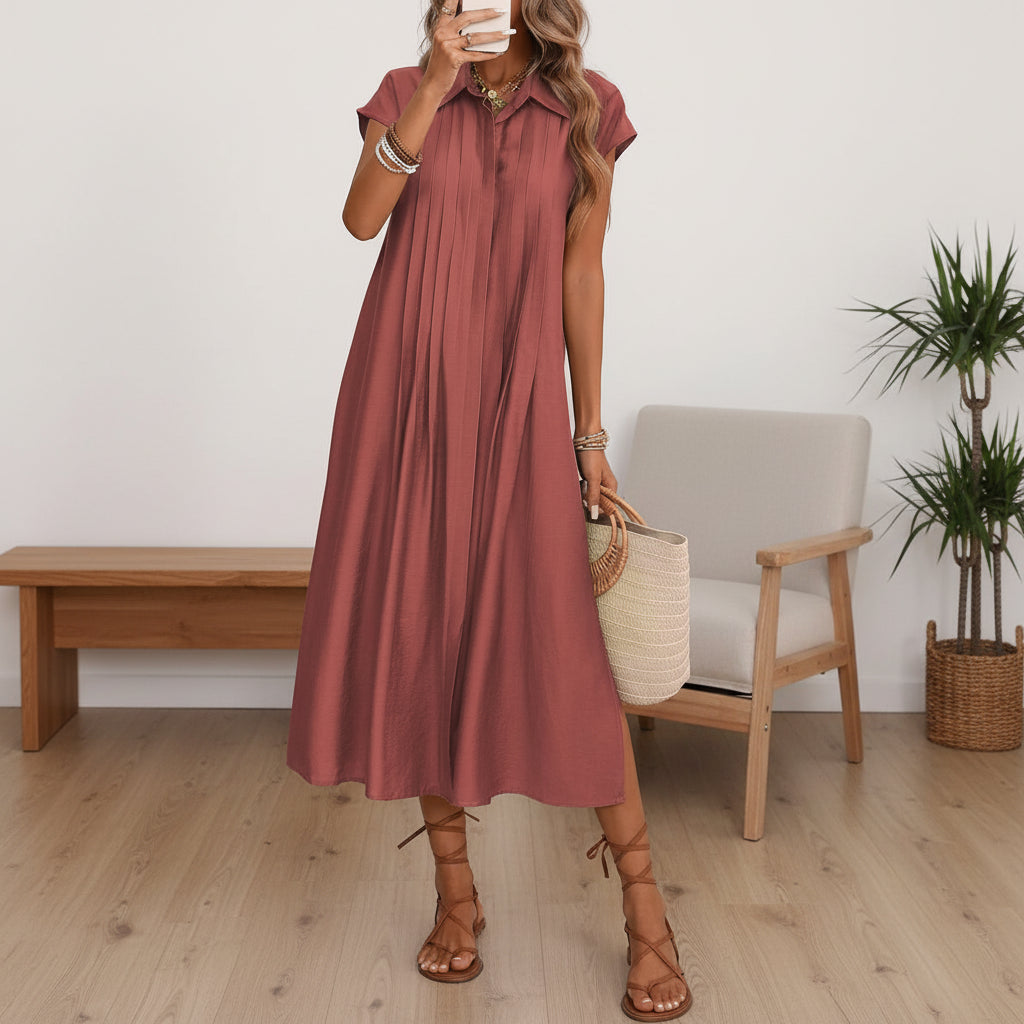 Elegant Button Down Pleated Midi Dress for Women
