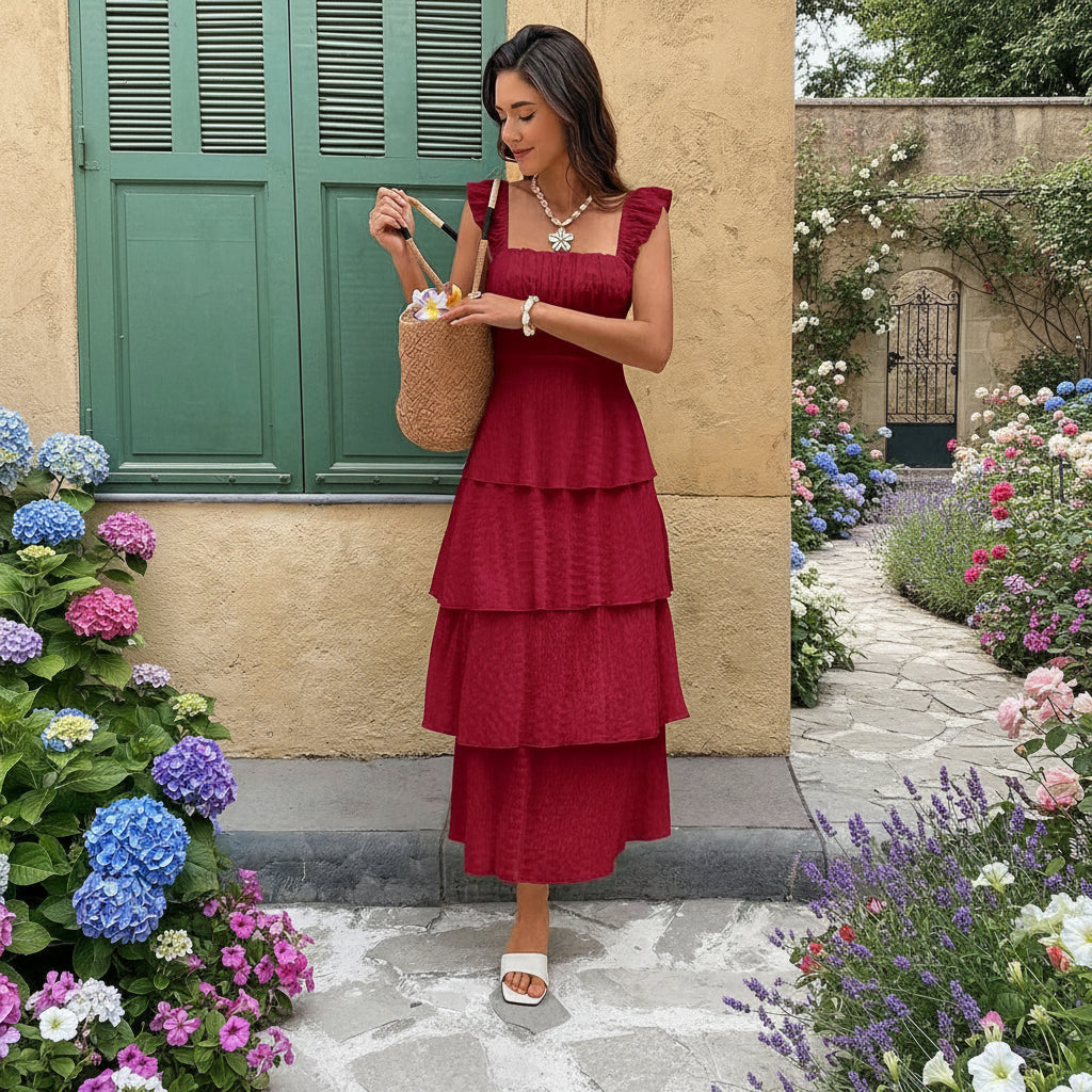 Vacation Pleated Square Neck Midi Dresses