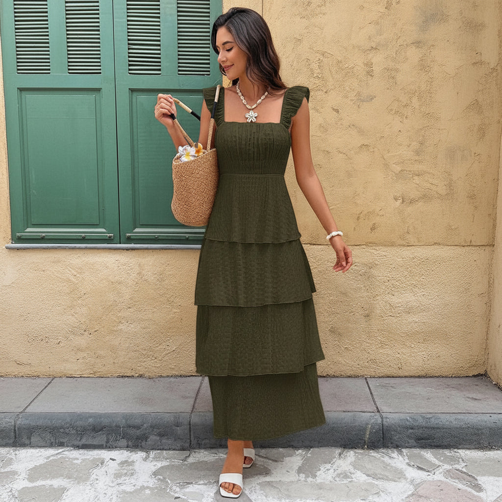 Vacation Pleated Square Neck Midi Dresses