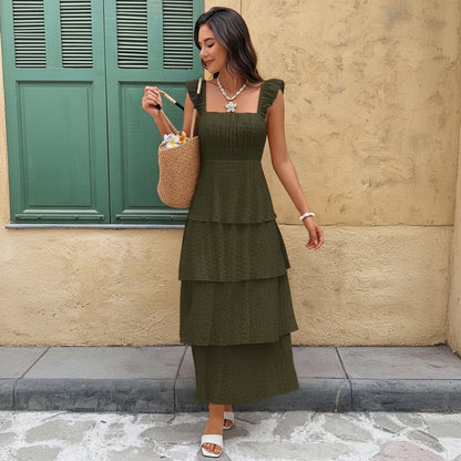 Vacation Pleated Square Neck Midi Dresses