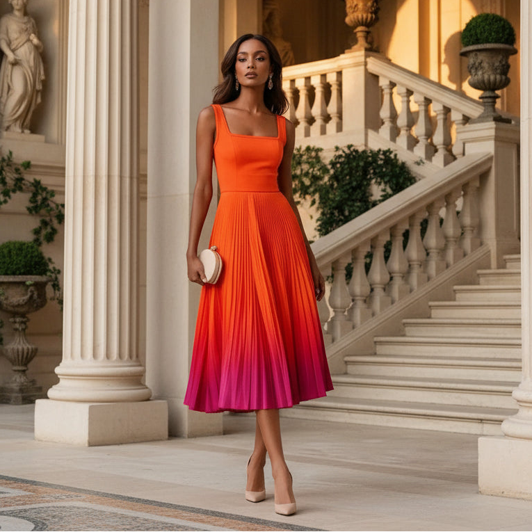Women’s Casual Elegant Pleated Midi Evening Dress