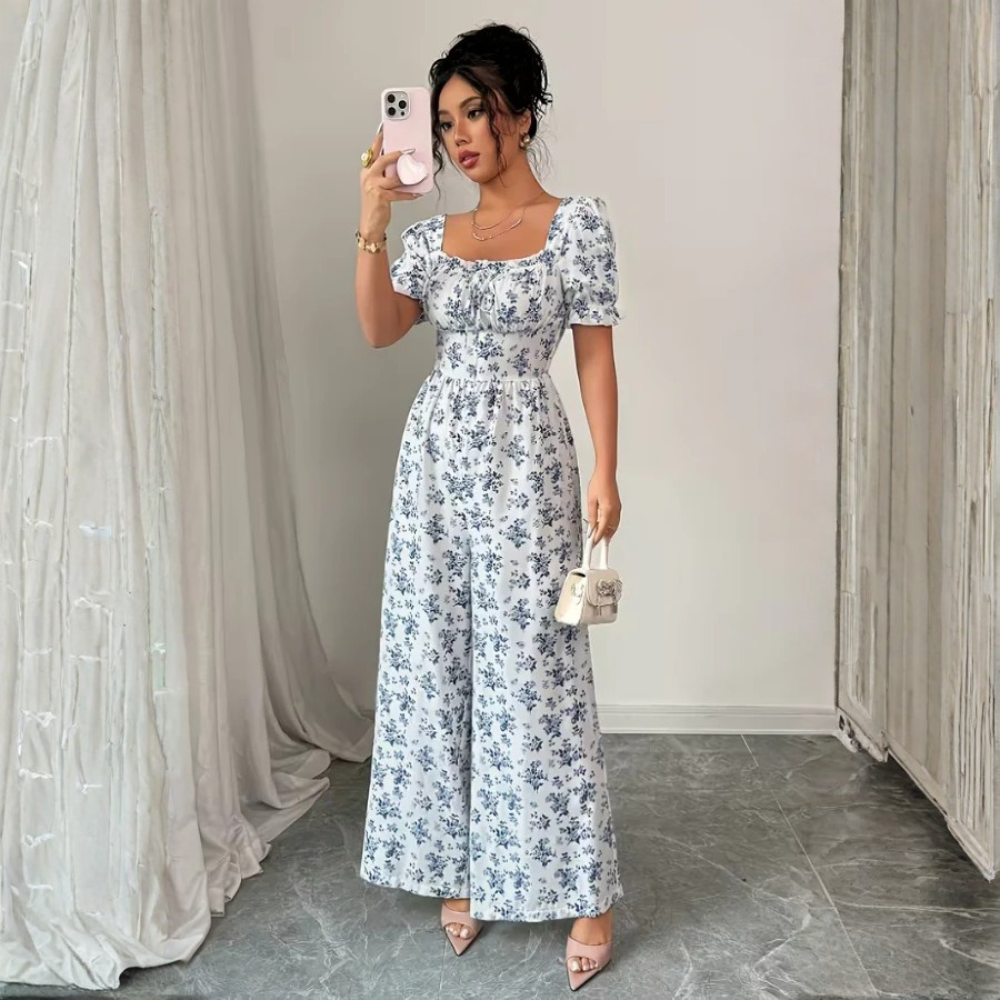 Floral Puff Sleeve Wide Leg Jumpsuit