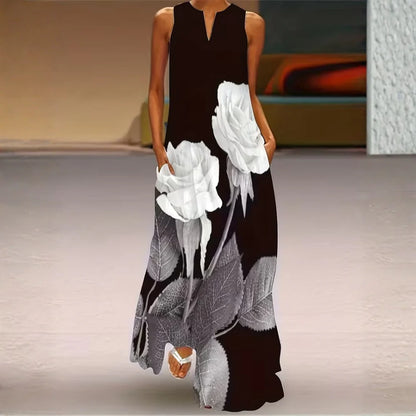 Floral Notched Neck Sleeveless Maxi Dress Casual Elegant